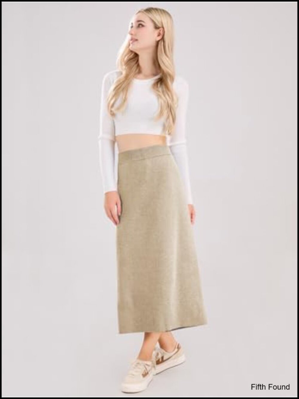 Wool Blend High Waist Rib Knit Pencil Skirt Side Slit Stretchy - Picture 4 of 6